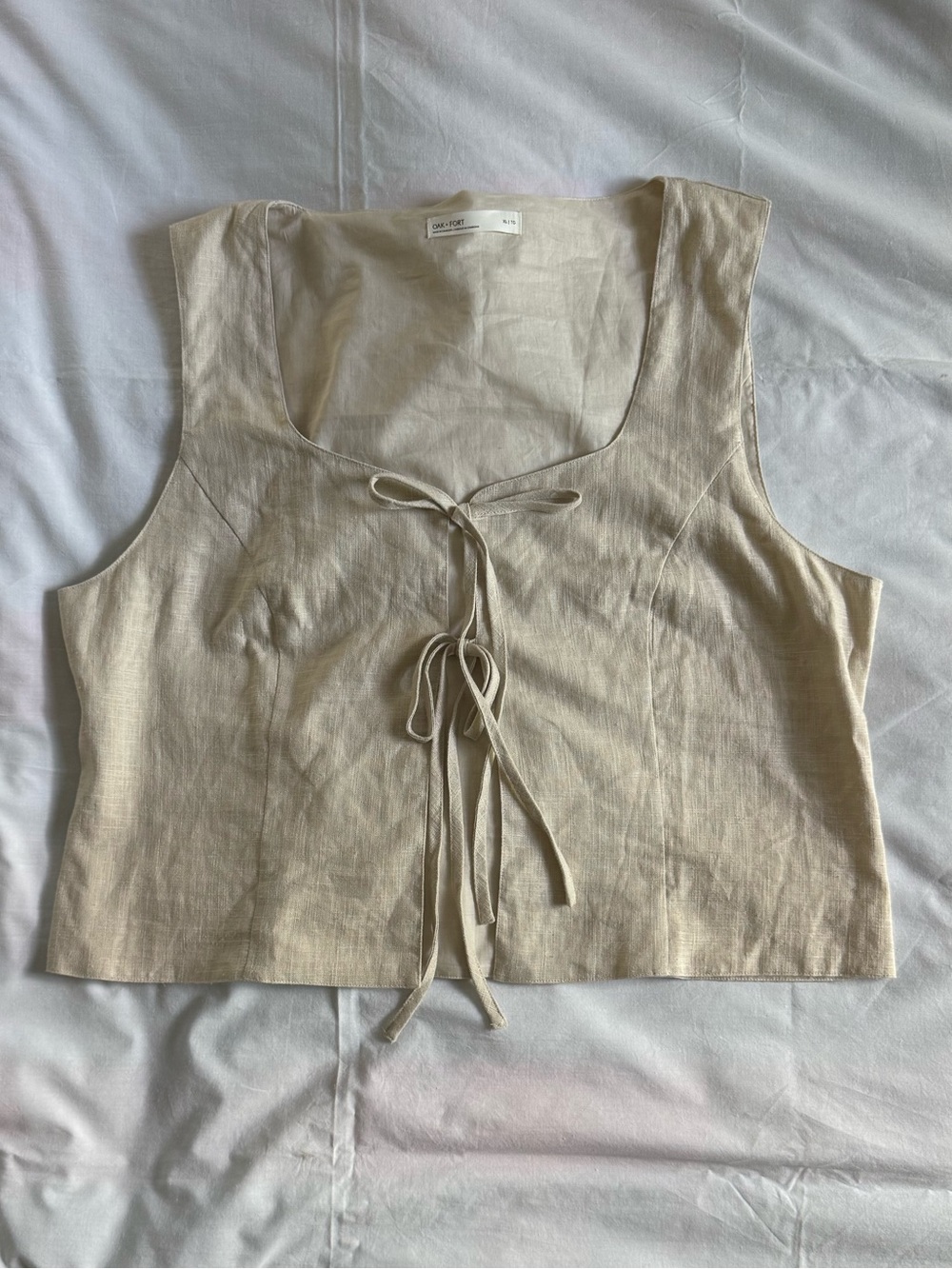 OAK + FORT Linen-Blend Tie-Front Crop Top - Beige